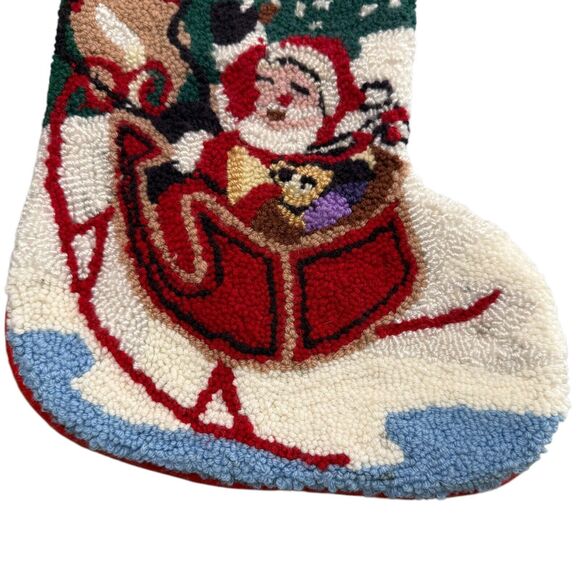Vintage Santa Sleigh Reindeer 18" Christmas Stocking Loop Punch Needle Kitschy - Picture 3 of 12
